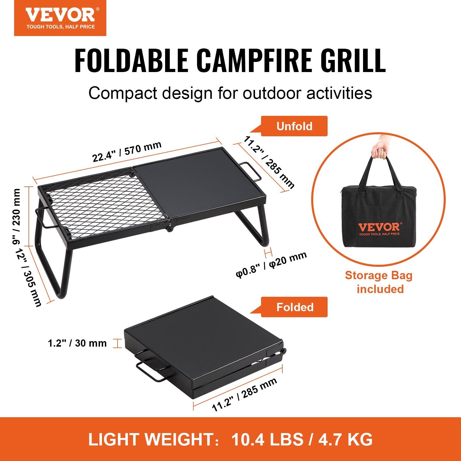 VEVOR Folding Campfire Grill, Heavy Duty Steel Mesh Grate, 22.4 Portable Camping Grates Over Fire Pit, Camp Fire Cooking Equipment With Legs Carrying Bag, Grilling Rack For Outdoor Open Flame Cooking