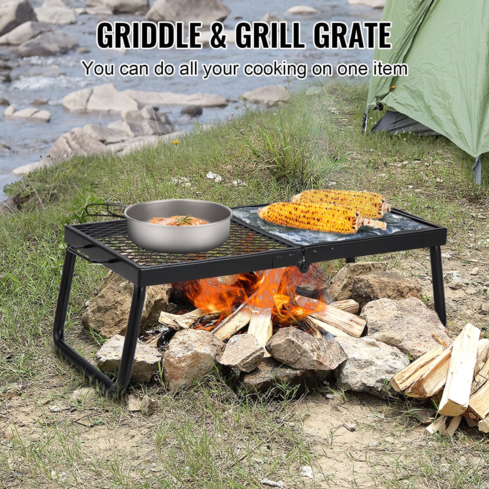 VEVOR Folding Campfire Grill, Heavy Duty Steel Mesh Grate, 22.4 Portable Camping Grates Over Fire Pit, Camp Fire Cooking Equipment With Legs Carrying Bag, Grilling Rack For Outdoor Open Flame Cooking